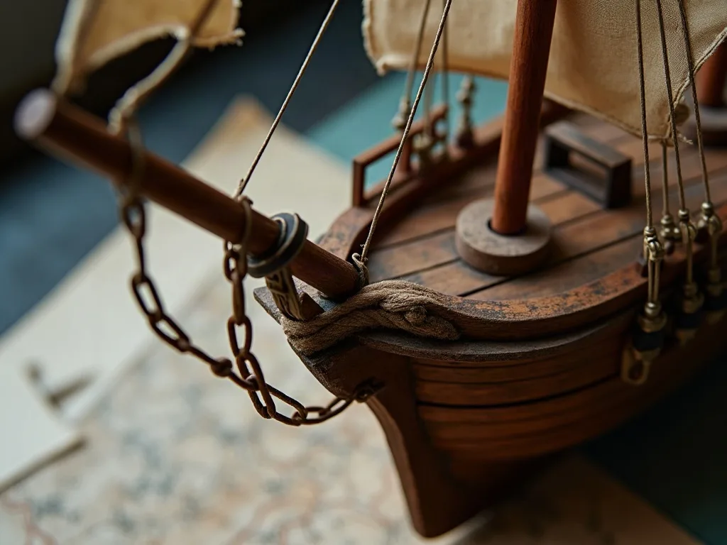 Le beaupré du modèle en bois, sa chaîne rouillée et le cordage tressé, devant une carte marine floue.