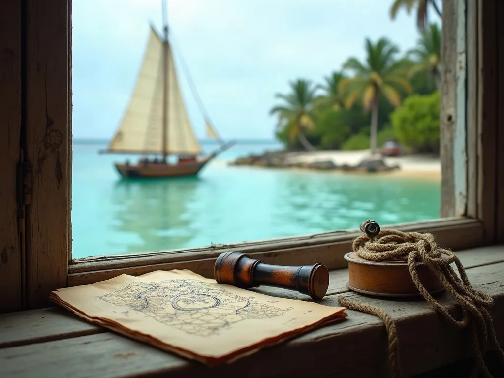 Sur l'appui de fenêtre en bois usé, carte marine, longue-vue de laiton et cordage face au sloop mouillé dans l'eau turquoise.