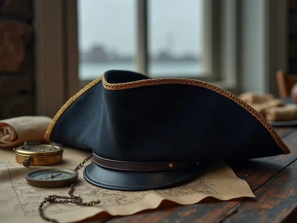 Tricorne de feutre noir aux trois pans relevés, galon doré étroit et bandeau de cuir, posé près d'une boussole sur une carte.
