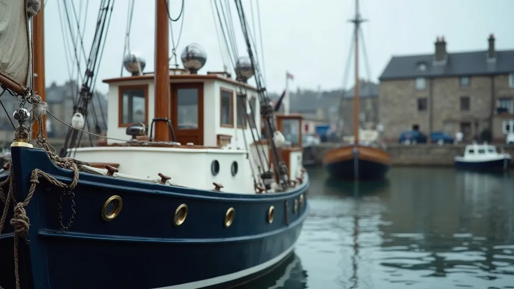 Vieux gréement à coque bleu marine et hublots de laiton amarré au quai de pierre, sous un ciel gris.