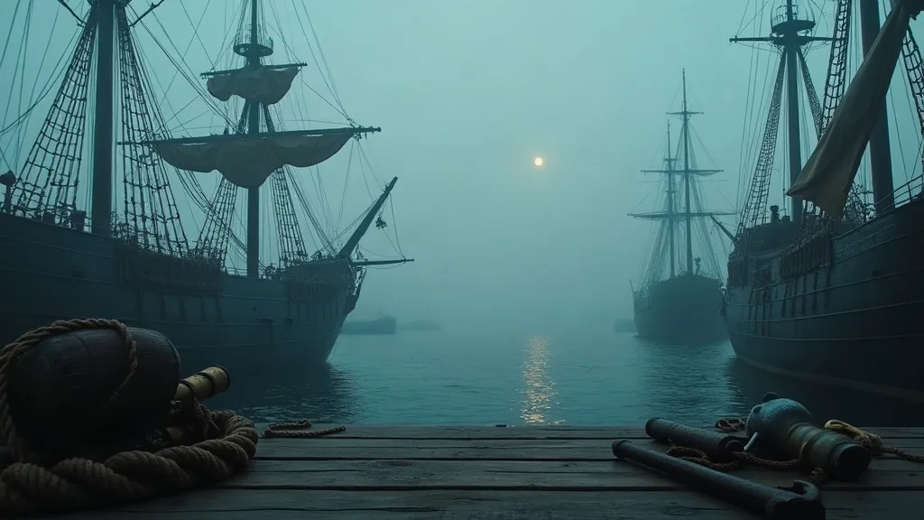 Quai en bois au crépuscule avec cordages et tonneaux face à des navires anciens silhouettés dans le brouillard.