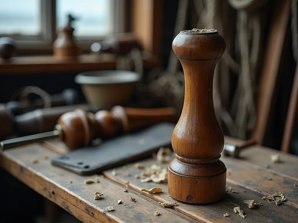 Pilon de bois tourné, dressé sur un établi couvert de copeaux, outils et cordages en arrière-plan d'atelier.