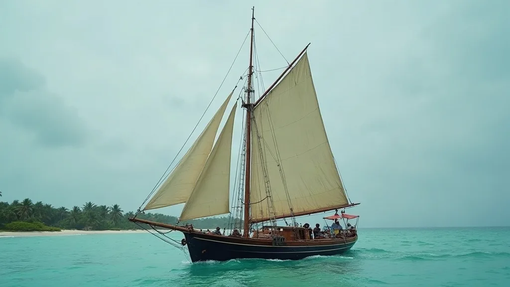 Un sloop en bois à mât unique, grand-voile aurique et foc établis, longeant une côte plantée de palmiers sur une eau turquoise peu profonde.