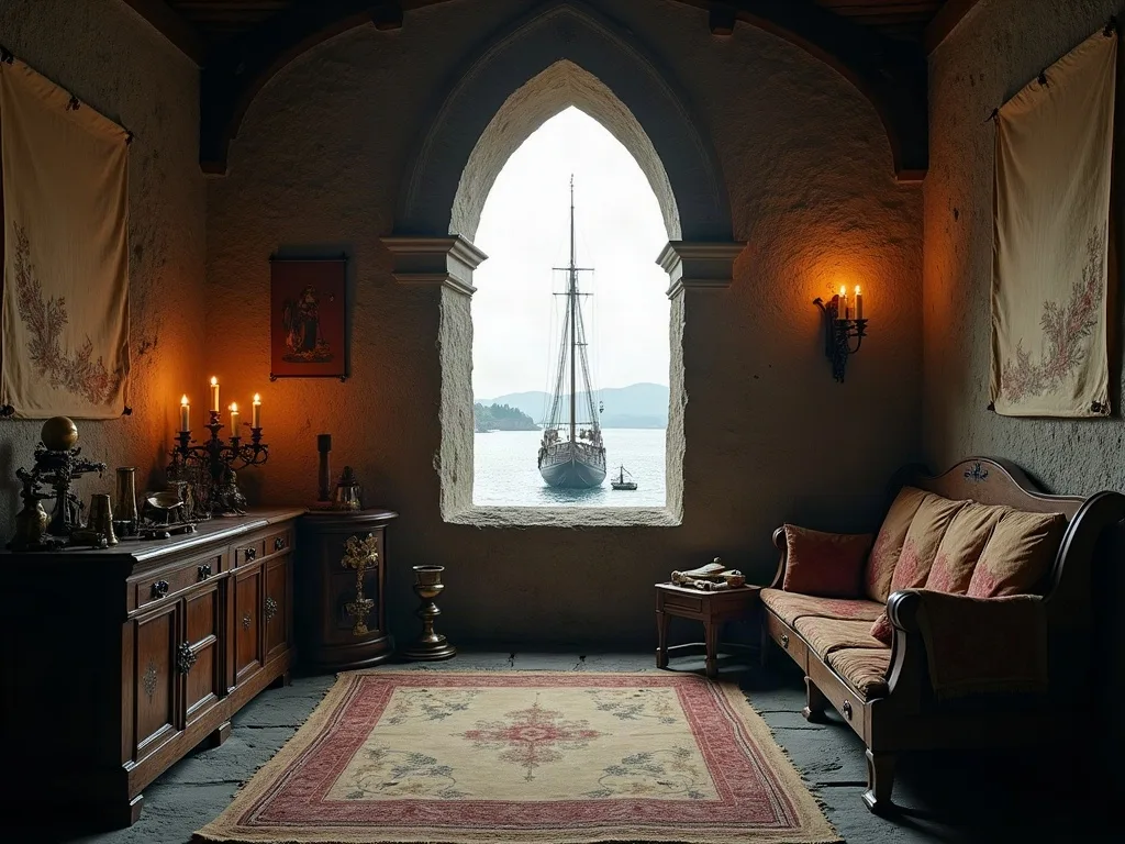 Intérieur médiéval aux murs de pierre éclairé par des chandelles, avec un voilier visible par l'arche de la fenêtre.