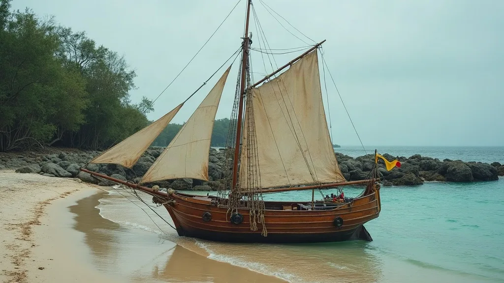 Sloop en bois échoué à marée basse sur le sable, voiles écrues affalées, mangrove et eau turquoise à l'arrière.