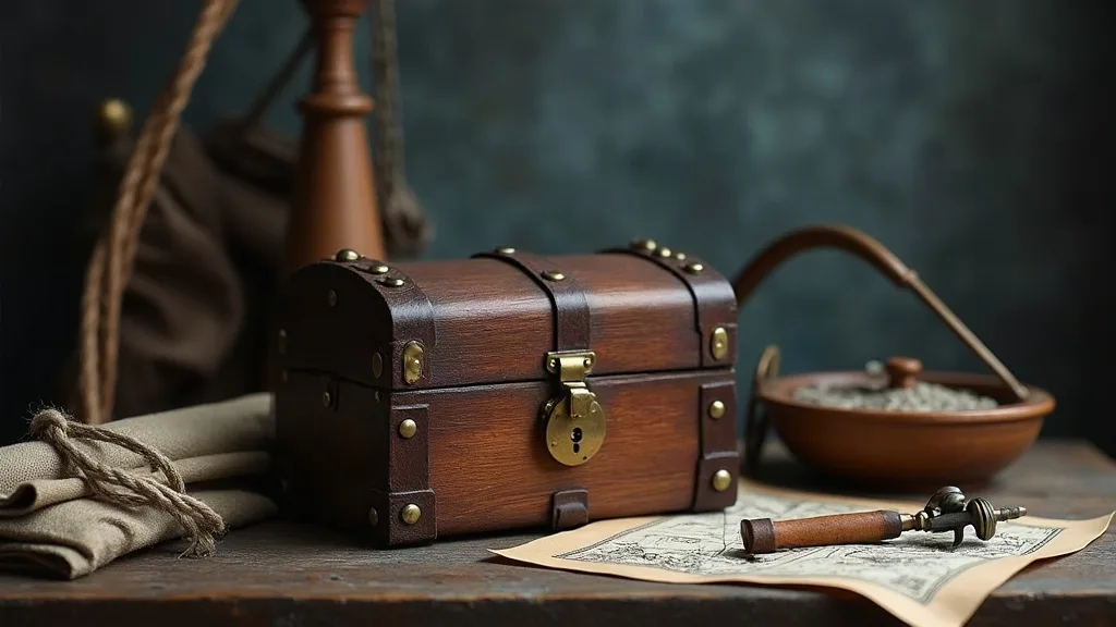Coffre de bord en bois sombre, sanglé de cuir et fermé d'un loquet en laiton, posé près d'une carte et d'une balance.