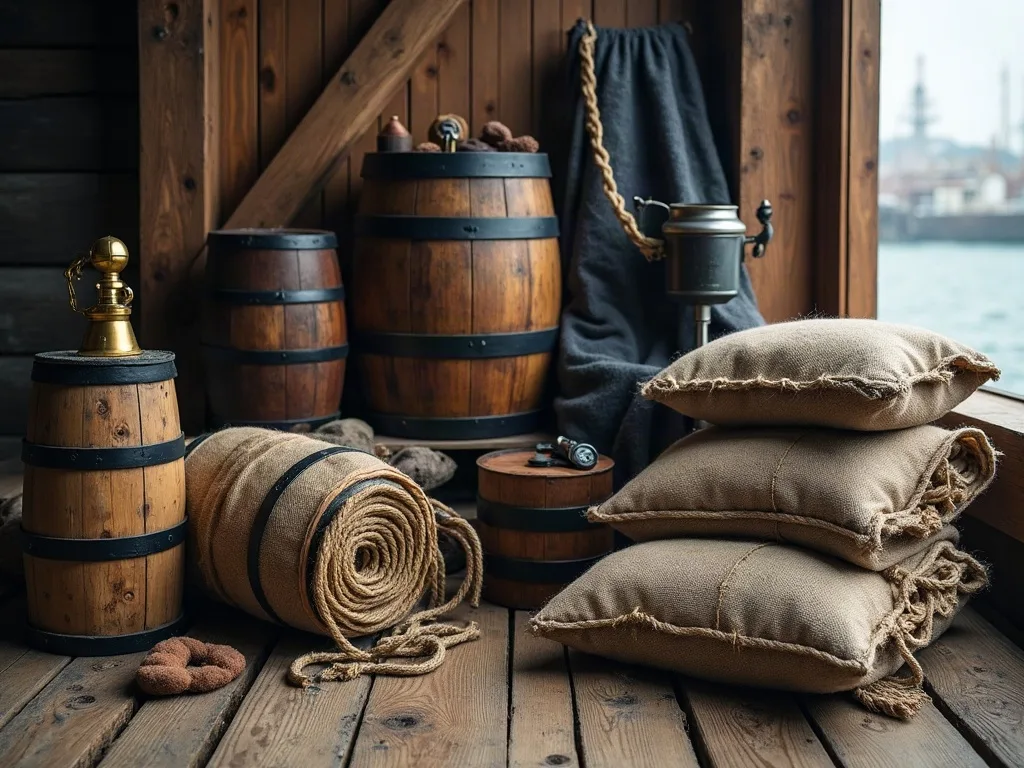 Barriques cerclées de fer, coussins de toile de jute, rouleau de cordage en chanvre et fèves sur les planches d'un quai.