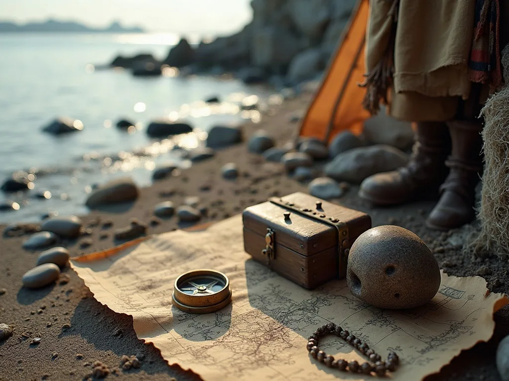 Compass, old trunk and stone sphere on a vintage map scattered on a rocky beach at sunset.