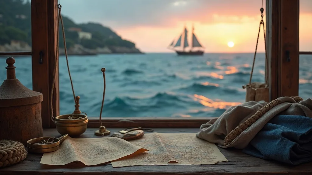 Carte marine, boussole et objets nautiques sur rebord de hublot face à un voilier au coucher de soleil.