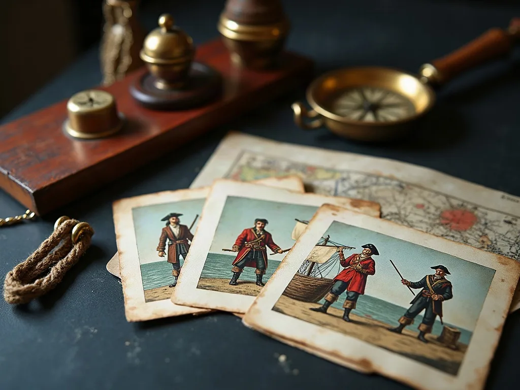 Cartes chromolithographiées aux bords piqués montrant des pirates en habit rouge, posées sur une carte marine ancienne près d'une boussole en laiton.