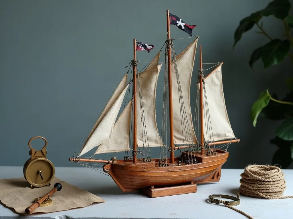 Maquette en bois d'un voilier gréé de voiles de toile écrue, pavillon noir en tête de mât, posée près d'un rouleau de cordage sur une table grise.