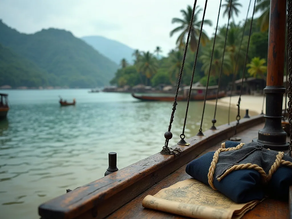Depuis le pont d'un voilier en bois, une baie calme bordée de cocotiers, avec toile roulée, cordage et carte posés près du bastingage.