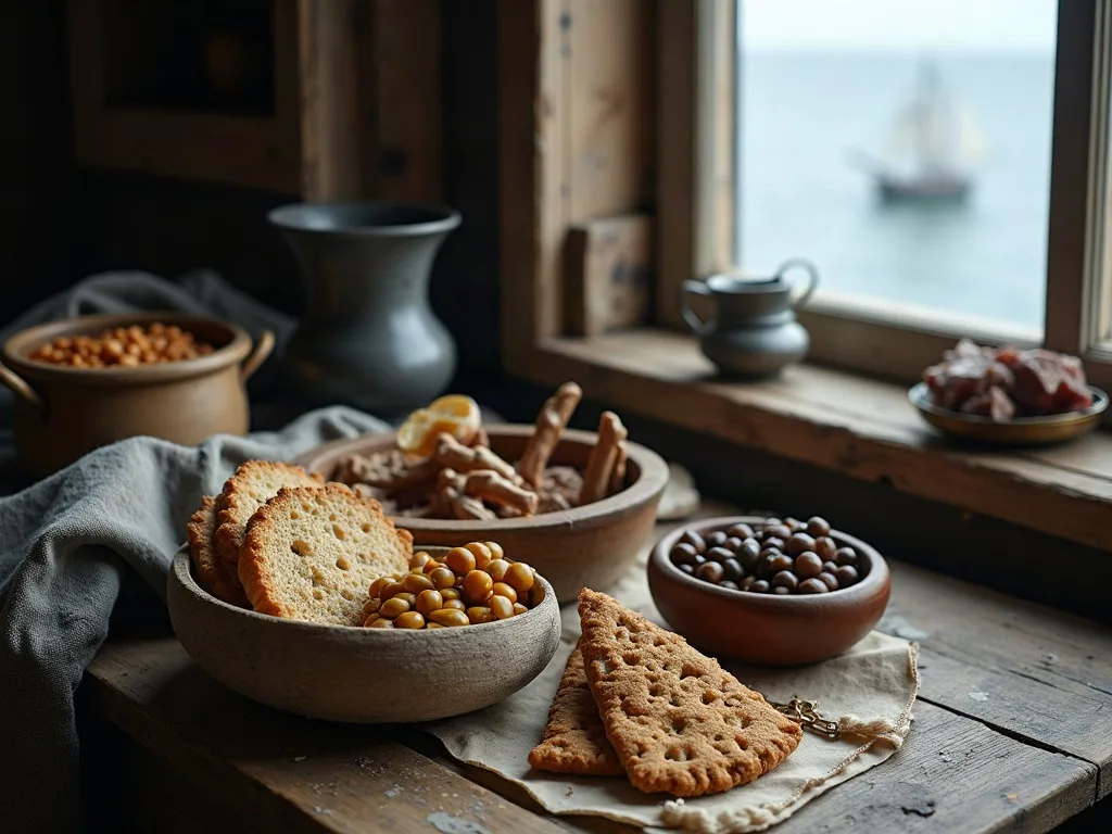L'ordinaire du bord: biscuit de mer, pois et fèves secs, salaisons, près d'une fenêtre ouverte sur la mer.