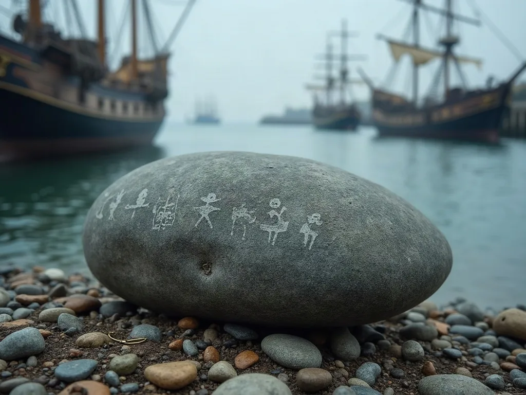 Un galet de grès gris marqué de fines silhouettes gravées, posé sur une grève de galets face à des voiliers dans la brume.