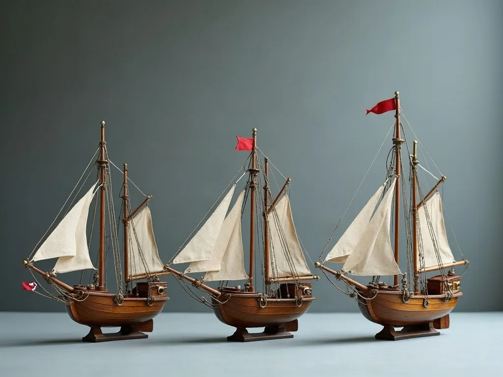 Trois maquettes en bois alignées sur fond gris: un mât, puis deux mâts, dont un plus haut à l'arrière.