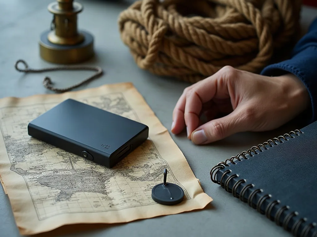 Disque dur externe posé sur une carte ancienne, à côté d'un carnet à spirale et d'un cordage.