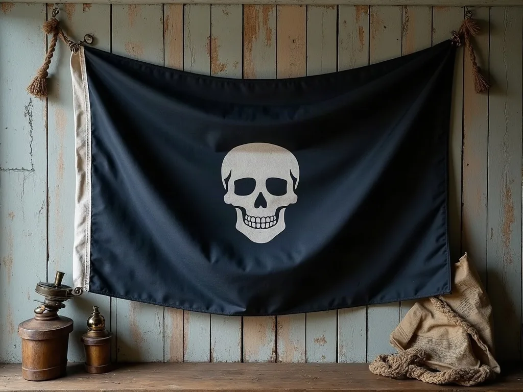 Pavillon de toile noire au crâne blanc, tendu par des cordages sur une cloison de planches écaillées, entre lanternes de cuivre et sacs de jute.