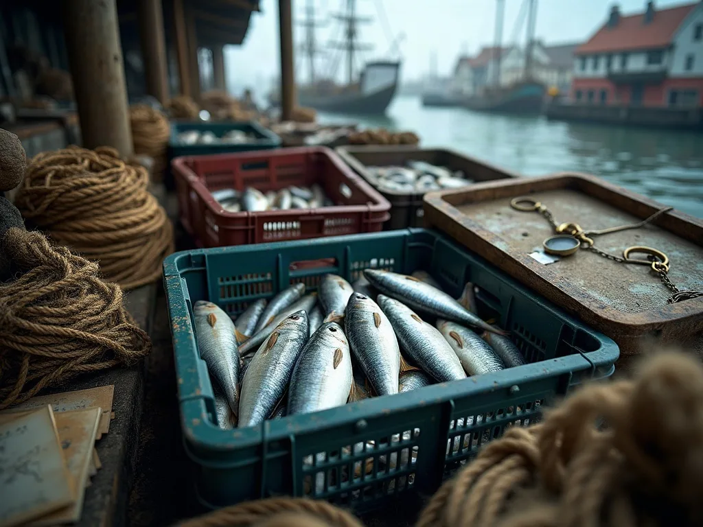 Sur le quai, des caisses plastique de poissons argentés voisinent avec les cordages lovés et un plateau de pesée en métal.