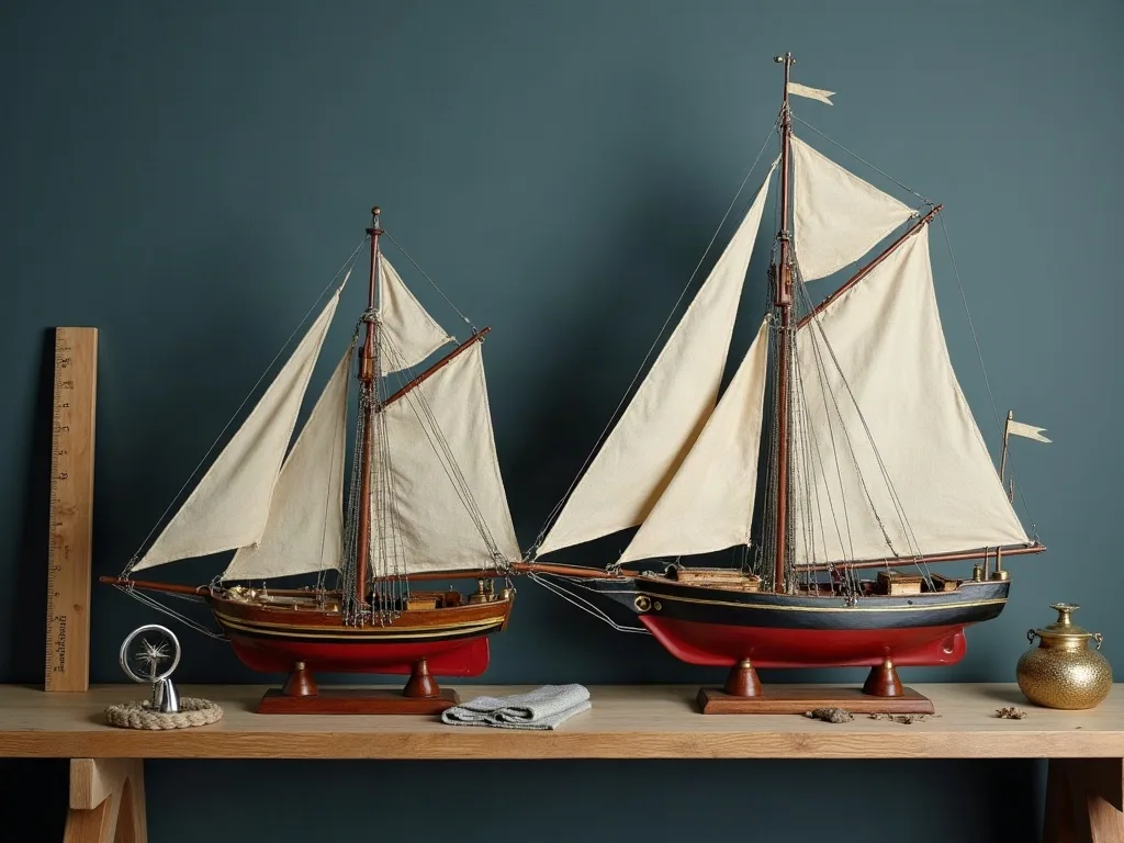 Deux maquettes de goélettes à coques rouges sur berceaux, voiles en toile écrue, comparées à un mètre pliant en bois.