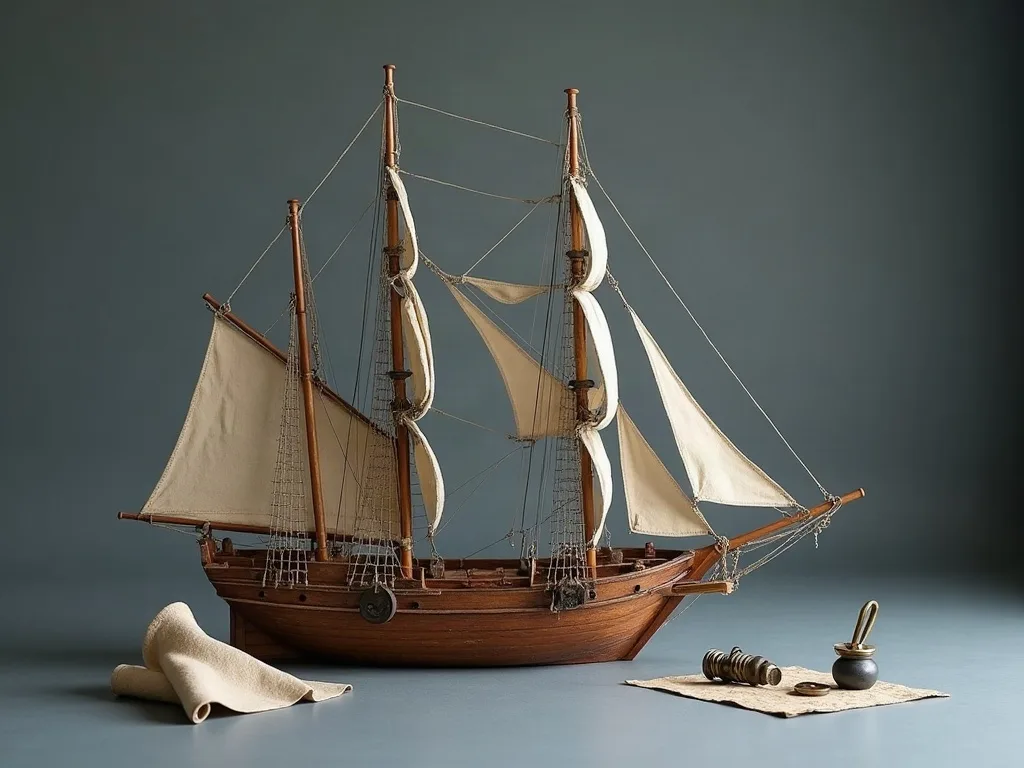 Maquette en bois d'une caravelle à coque peu profonde et gréement réduit, posée sur fond gris avec une chute de toile écrue et une longue-vue en laiton.