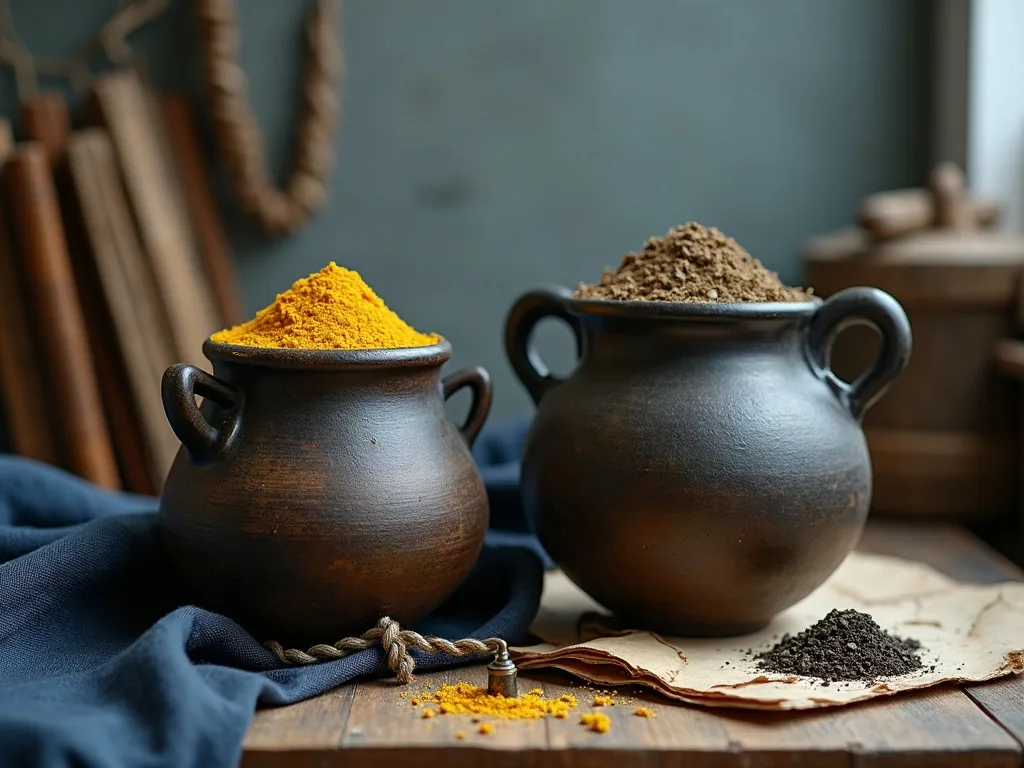 Deux pots en terre cuite sur une table de bois, l'un empli de poudre jaune de soufre, l'autre d'une matière brune, sur toile bleue et parchemin.