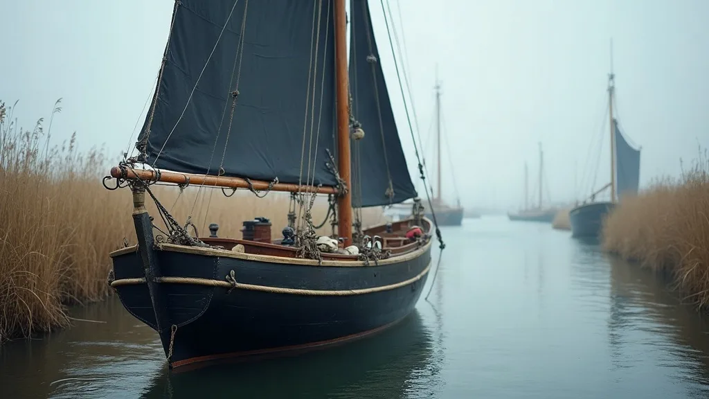 Le wherry à voile noire et étrave claire, amarré entre les roseaux secs d'une rivière brumeuse.