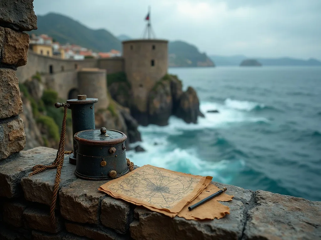 Boussole et carte ancienne sur pierre face à une forteresse côtière et à la mer déchaînée.