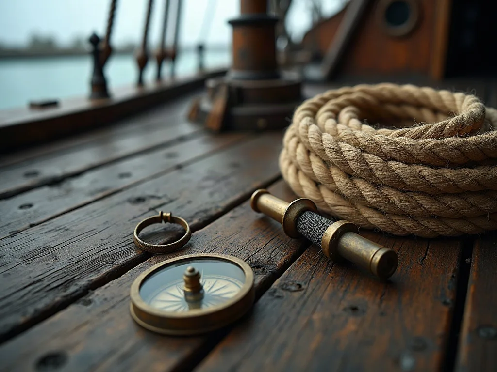 Cordage enroulé, boussole et lunette posés sur le pont en bois usé d'un navire ancien.