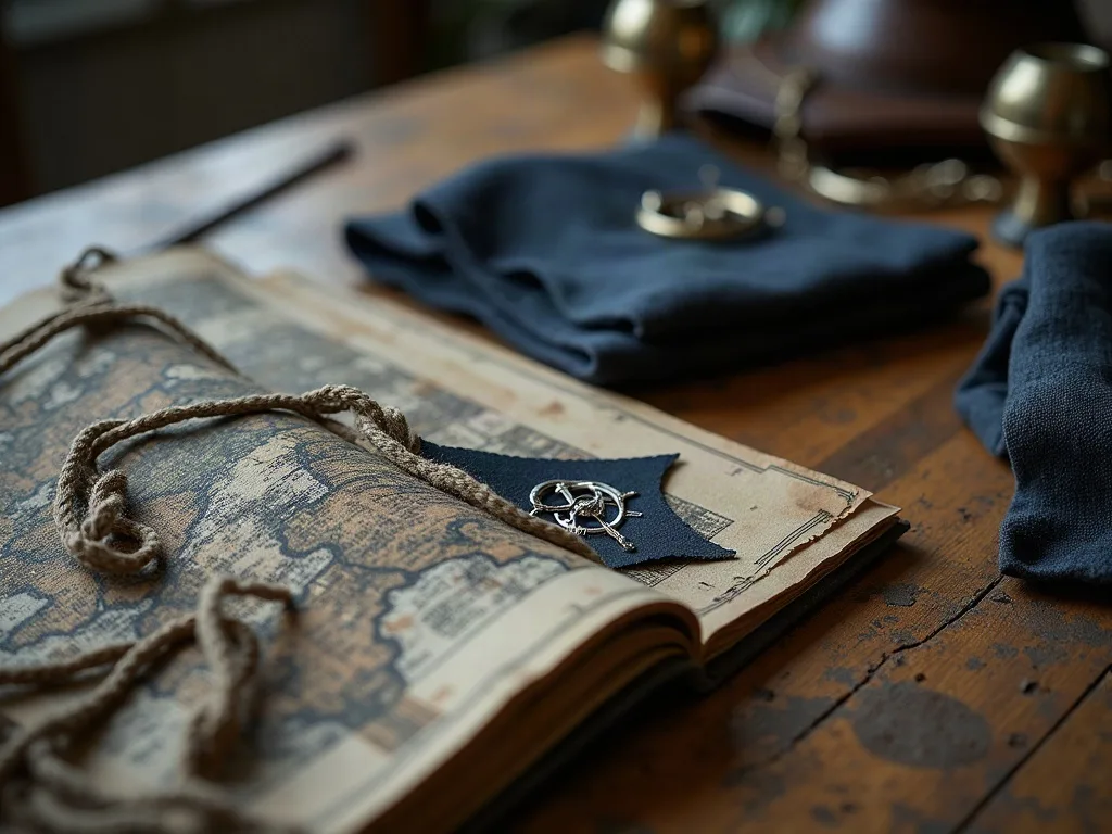 Carte ancienne nouée de ficelle avec tissu bleu marine et anneau métallique sur table en bois rustique.