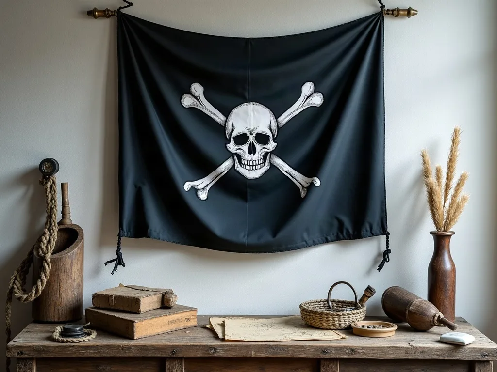 Drapeau noir orné d'un crâne et d'os croisés, tendu par des cordages au-dessus d'un établi en bois patiné.