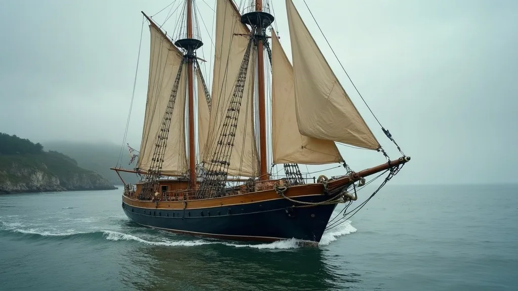 Un lougre en bois à trois mâts, coque sombre et voiles claires, longeant une côte rocheuse dans la brume.