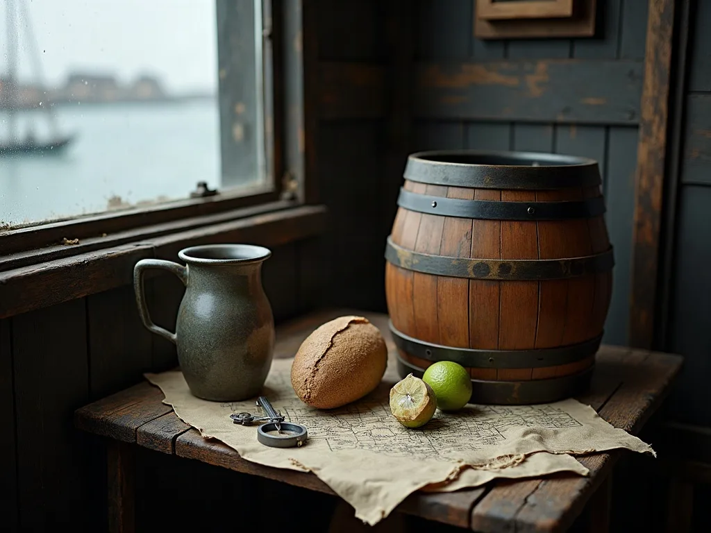 Futaille cerclée de fer, cruche en grès, pain de sucre et demi-citron vert sur une carte marine, près d'une fenêtre donnant sur le port.