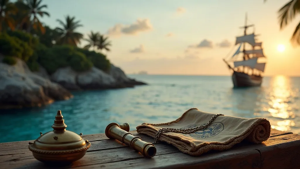 Boussole, télescope et carte ancienne posés sur un ponton face à un navire au coucher de soleil.