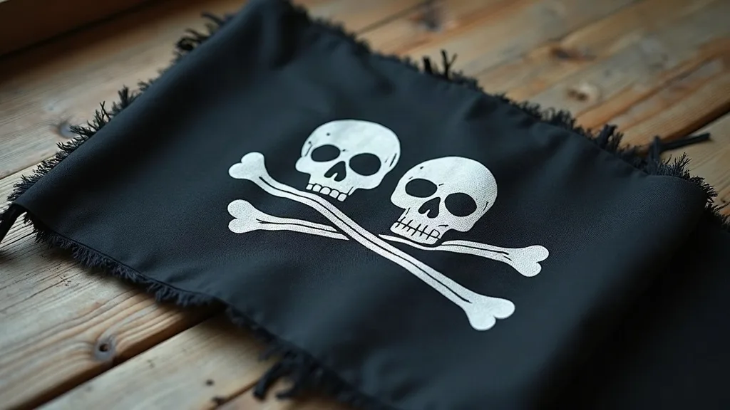 Drapeau noir à bords effrangés, deux crânes blancs au-dessus de tibias croisés, posé à plat sur des planches de bois.