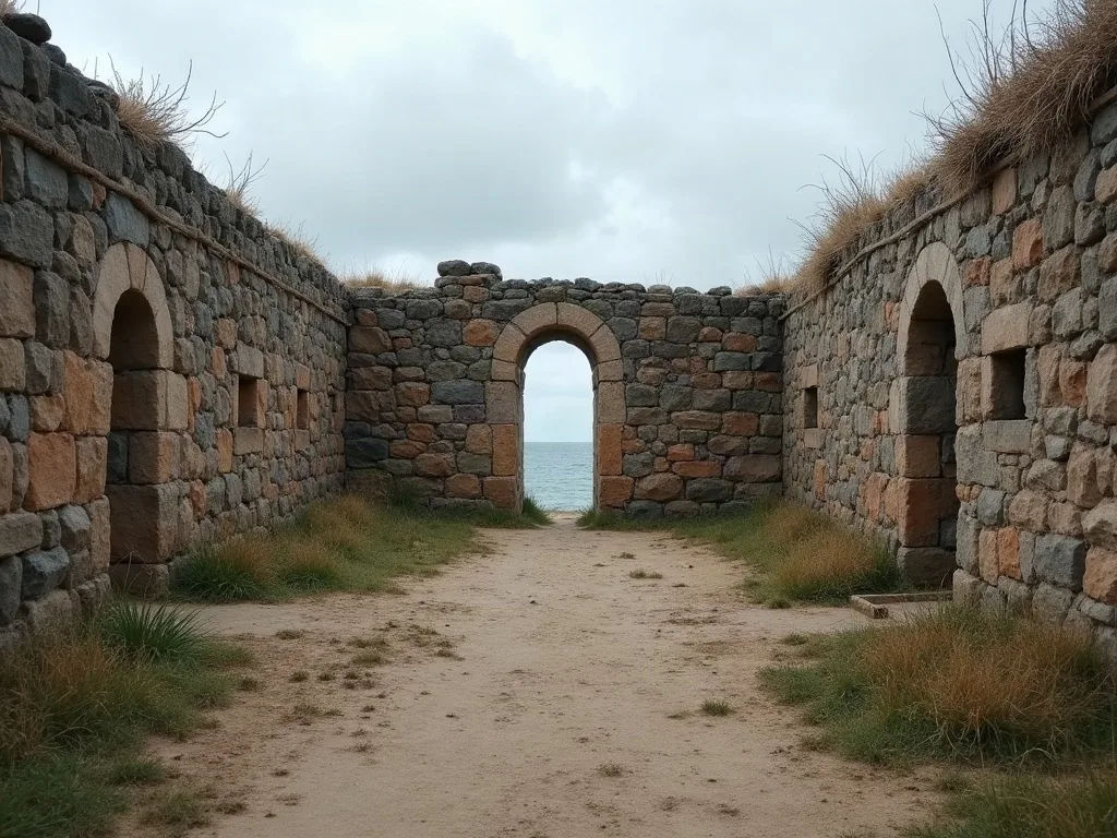 Entre deux murs de pierre encore hauts, un passage sableux mène à une arche ouverte sur la mer, sous un ciel couvert.