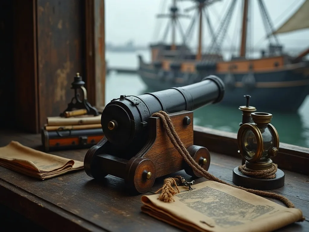 Canon miniature sur affût de bois, cordage et lanterne de laiton posés devant un port où mouille un voilier.