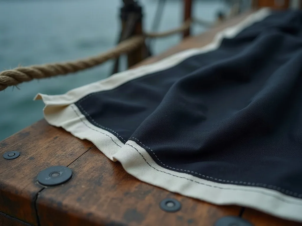 Bande blanche renforcée et coutures doubles sur la lisière d'une toile marine, posée sur un banc en bois près d'un cordage.