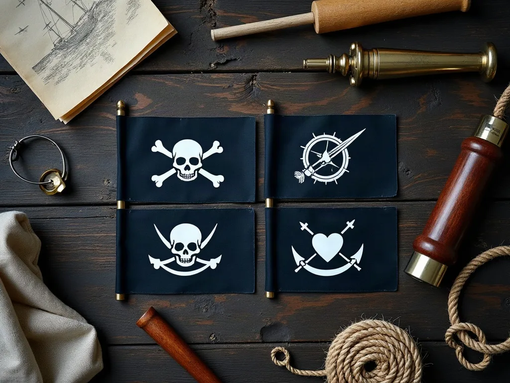 Quatre panneaux de toile noire aux emblèmes blancs crâne, rose des vents, sabres, cœur percé entourés de cordage et longue-vue de laiton.