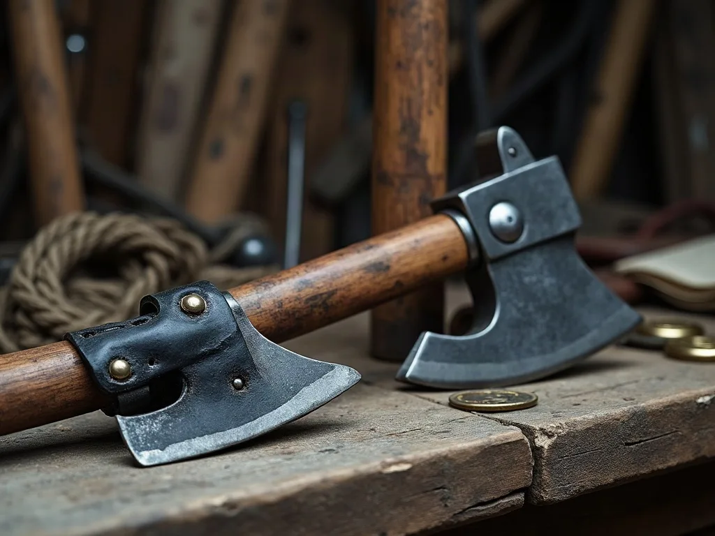 Deux haches de reproduction sur un établi: à gauche, tête forgée et collier de cuir riveté; à droite, métal clair aux arêtes arrondies.