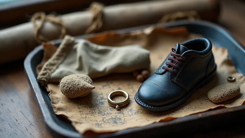 Petite chaussure de cuir et fragment de tissu concrétionné de sable, posés sur un plateau avec un anneau de métal.