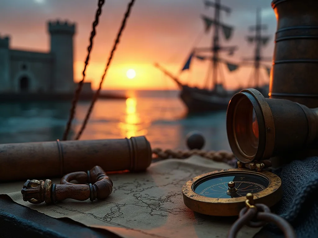 Compas et instruments de navigation sur un quai au coucher de soleil, avec un fort et des navires en arrière-plan.