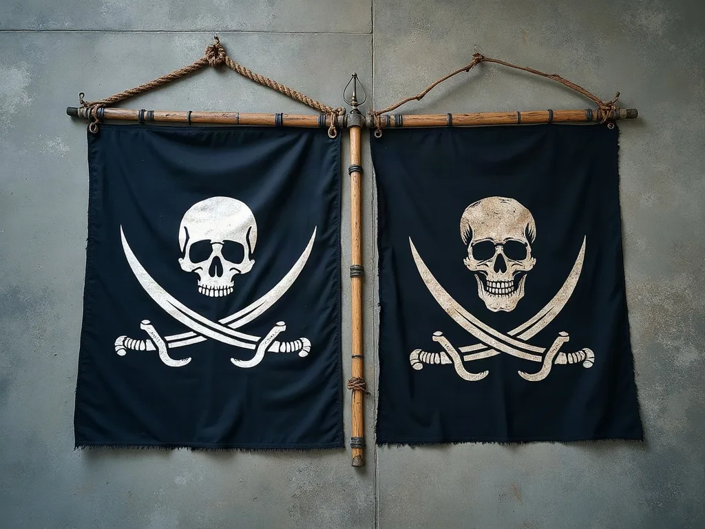 Deux drapeaux noirs à crâne et sabres croisés suspendus par des cordes à une barre de bois, sur un mur de béton gris.