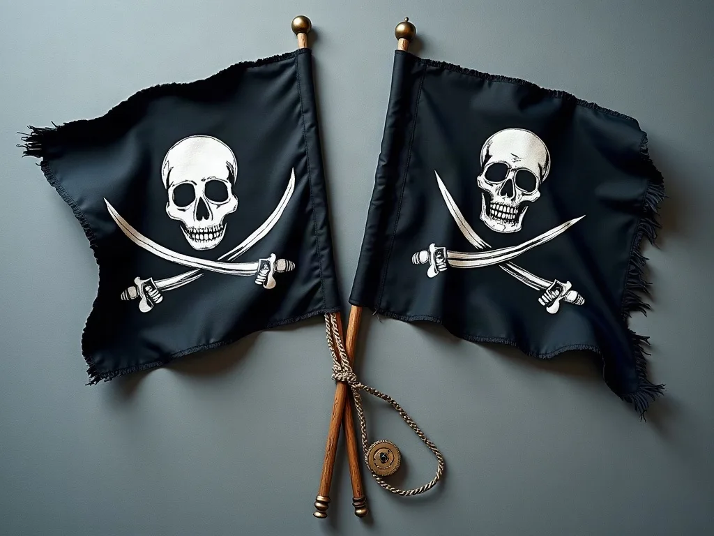 Deux drapeaux noirs à crâne et sabres croisés, hampes de bois liées par une corde, sur fond gris.