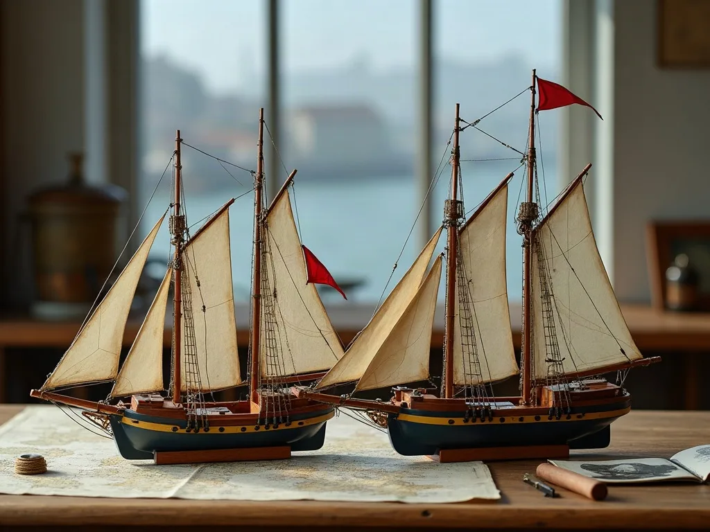 Deux maquettes de goélettes à voiles auriques, coques bleues à liseré jaune, posées sur une carte marine devant une fenêtre donnant sur l'eau.