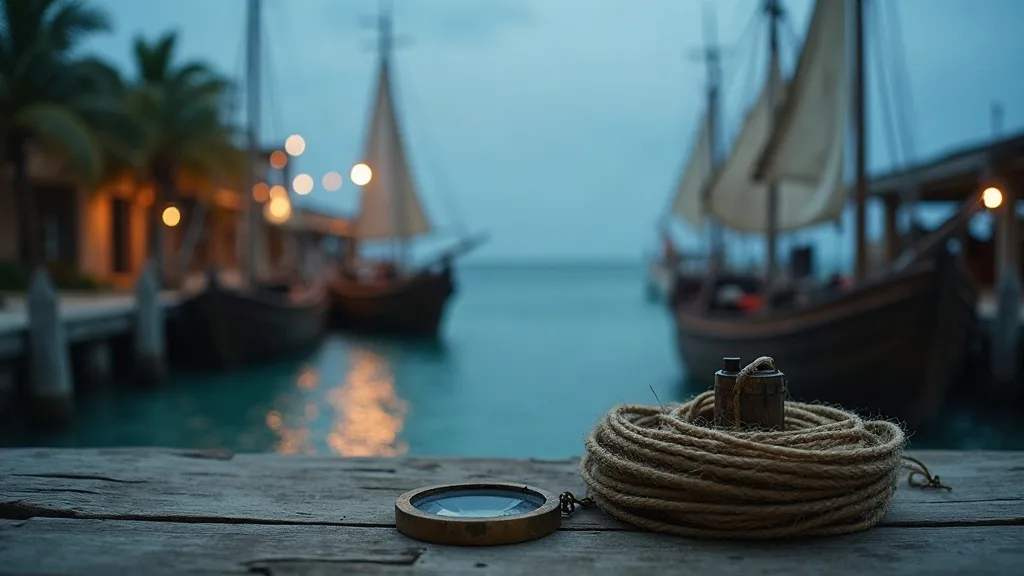 Sur un ponton de bois usé, un cordage de chanvre lové et une boussole en laiton face aux voiliers amarrés au crépuscule.