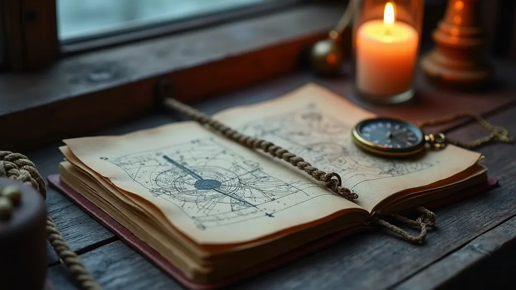 Carnet relié ouvert sur des tracés célestes, cordelette tressée et montre de gousset en laiton, près d'une bougie sur bois usé.