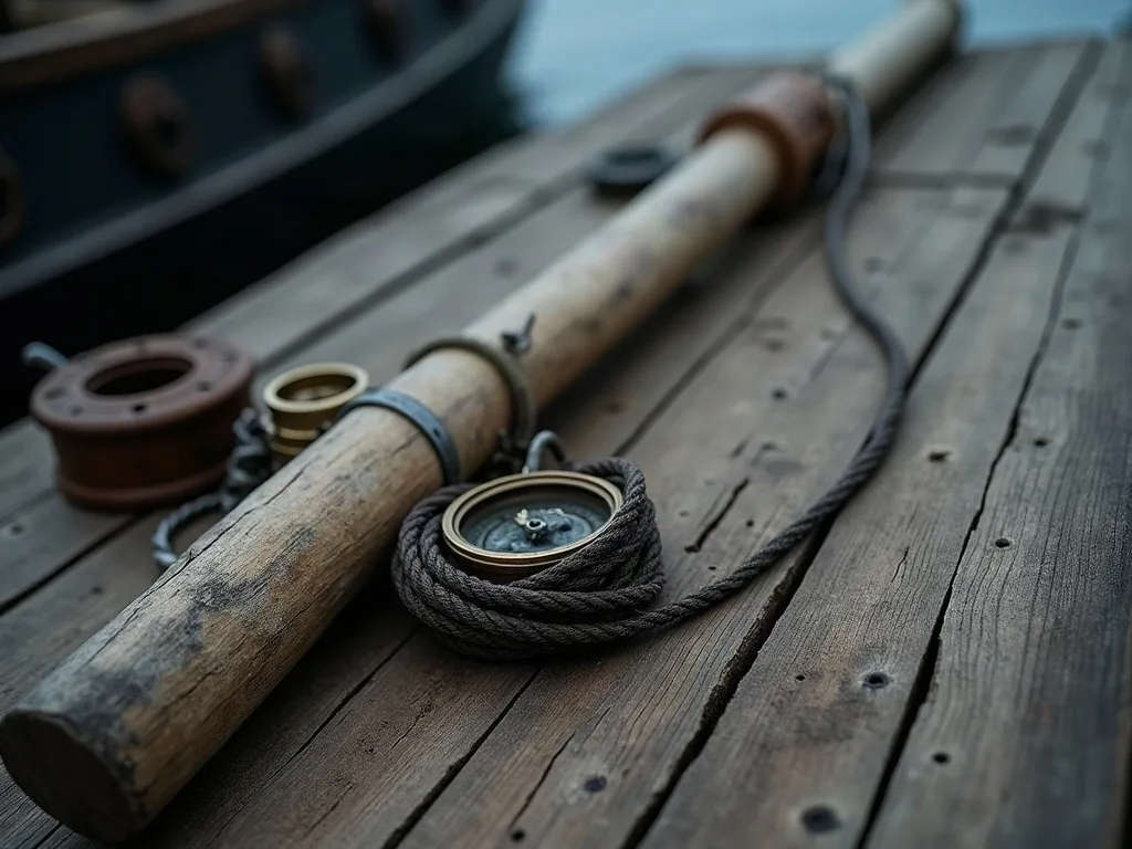 Compas et cordage noir enroulé reposent sur les planches usées d'un pont de navire.