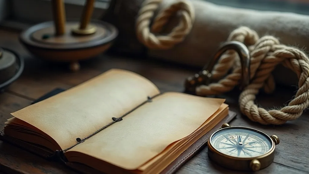 Carnet de bord ouvert sur ses pages vierges, compas de laiton et cordage lové sur une table de bois usée.