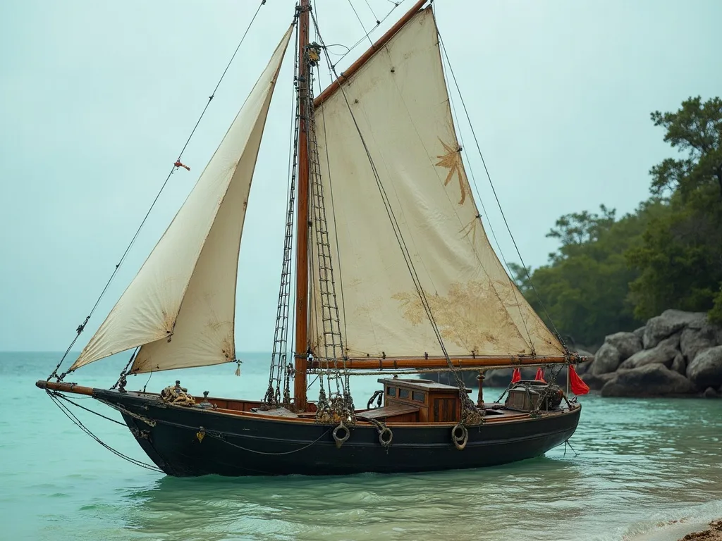 Sloop en bois à mât unique et gréement aurique, voiles écrues tachées, mouillé en eau turquoise peu profonde près d'une rive boisée et de rochers.
