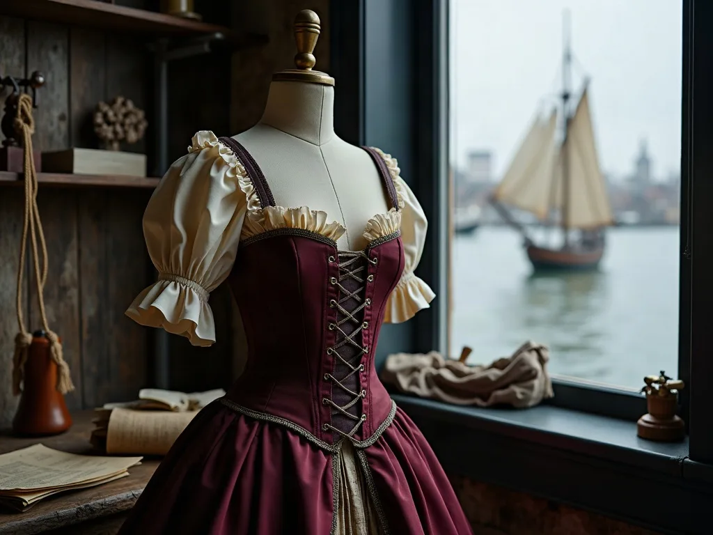 Robe bordeaux à corset lacé et chemise crème à manches bouffantes sur mannequin de tailleur, devant une fenêtre ouvrant sur un voilier.